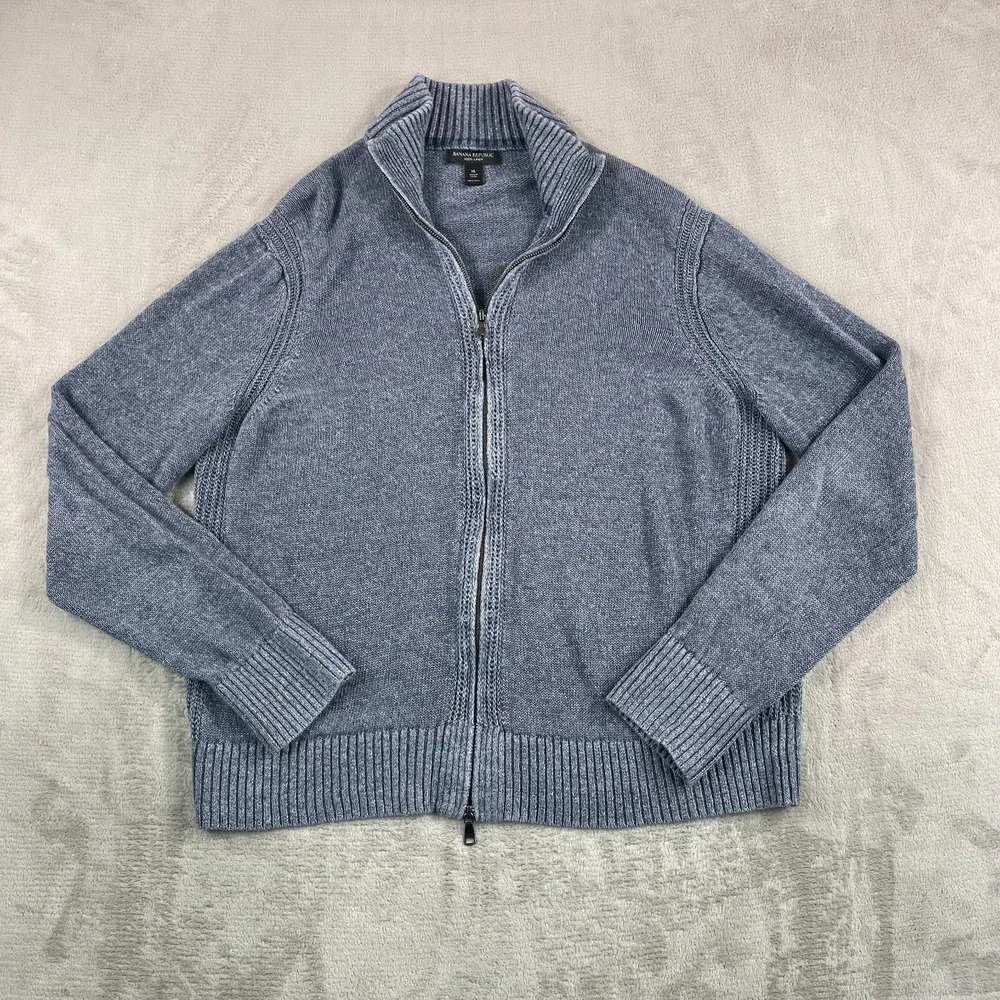 Banana Republic‎ 100% Linen Jacket Men XL Blue Knit Mock Neck Casual Preppy